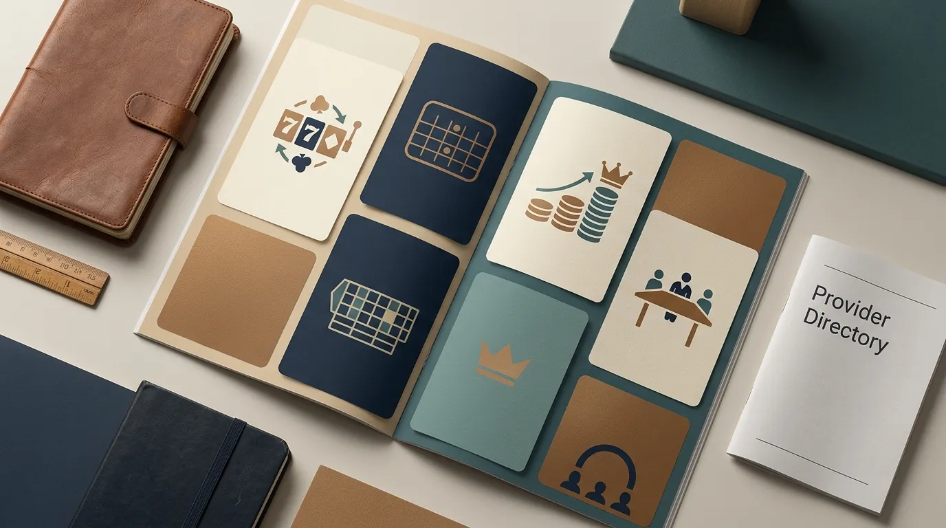 Conceptual illustration of casino game tiles and provider categories